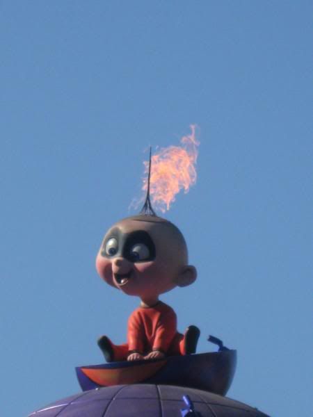 Unexpecting guest are surprised to find a firery Jack-Jack in flames on top of the float.