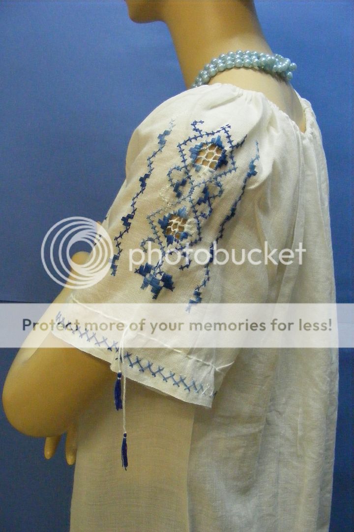 Vintage Gentle Gauzy Blue Hand Embroidered Romanian Peasant Folk Blouse Costume