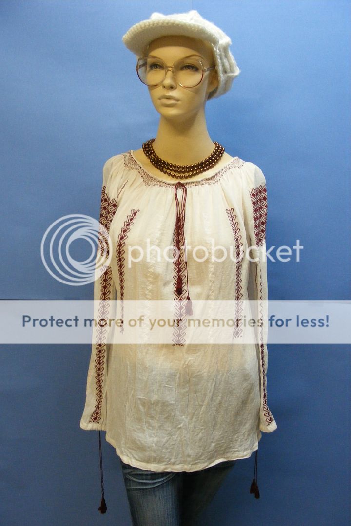 TERRIFIC  Vtg Burgundy H Embroidered ROMANIAN Evening Solid Top 