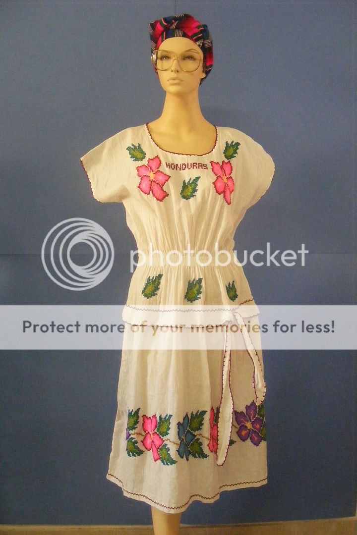Special 70s Folk Peasant H Embroidered Ethnic Honduras Floral Cotton Dress Vtg
