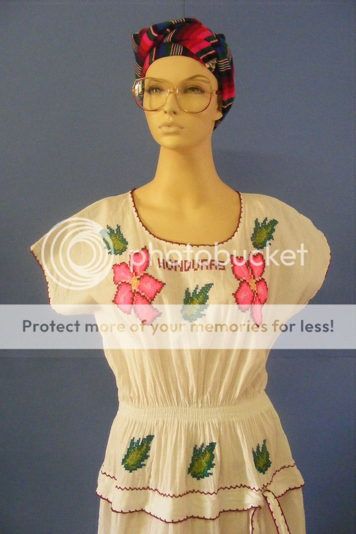 Special 70s Folk Peasant H Embroidered Ethnic Honduras Floral Cotton Dress Vtg